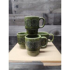 Vintage Set of Four Ceramic MCM Stackable Green Mugs Set Made in Japan